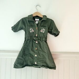 Little Lass 4T Olive Green Button-Front Dress with Pink White Floral Embroidery